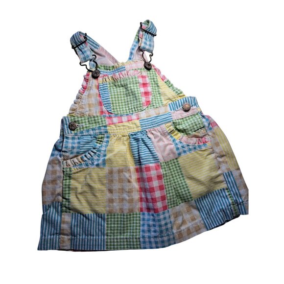 OshKosh BGosh Patchwork Overalls Dress 18M Multicolor Pastel Cotton Toddler Girl - Picture 1 of 8